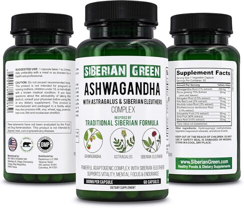 Siberian Green Organic Ashwagandha Root with Astragalus & Siberian Eleuthero Ginseng Complex 60 Capsules Powerful Herbal Support in Saudi Arabia