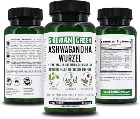 Siberian Green Organic Ashwagandha Root with Astragalus & Siberian Eleuthero Ginseng Complex 60 Capsules Powerful Herbal Support in Saudi Arabia
