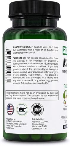 Siberian Green Organic Ashwagandha Root with Astragalus & Siberian Eleuthero Ginseng Complex 60 Capsules Powerful Herbal Support in Saudi Arabia