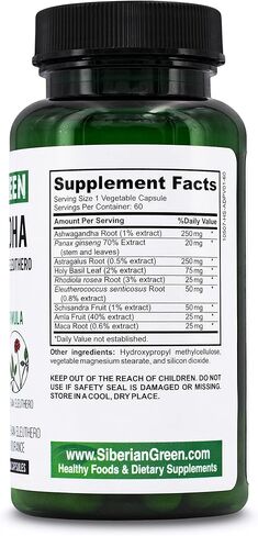 Siberian Green Organic Ashwagandha Root with Astragalus & Siberian Eleuthero Ginseng Complex 60 Capsules Powerful Herbal Support in Saudi Arabia