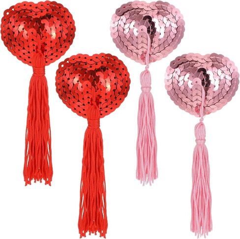 2 Pairs Boobie Tassels,Pasties Nipple Covers Sexy Booby Tassels,Nipple Tassel Women Reusable Heart Shape Lace Pasties with Strong Adhesive in Red and Pink Colors in Kuwait