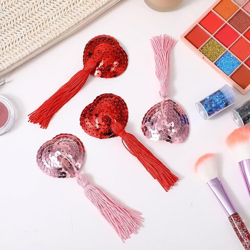 2 Pairs Boobie Tassels,Pasties Nipple Covers Sexy Booby Tassels,Nipple Tassel Women Reusable Heart Shape Lace Pasties with Strong Adhesive in Red and Pink Colors in Kuwait