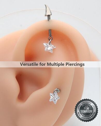 16G ASTM F136 Titanium Vertical Helix Piercing Jewelry Labret Stud with Curved Talon Horn Star CZ Internally Threaded Floating Cartilage Earring for Tragus Conch Lobe Lip Piercing in Saudi Arabia