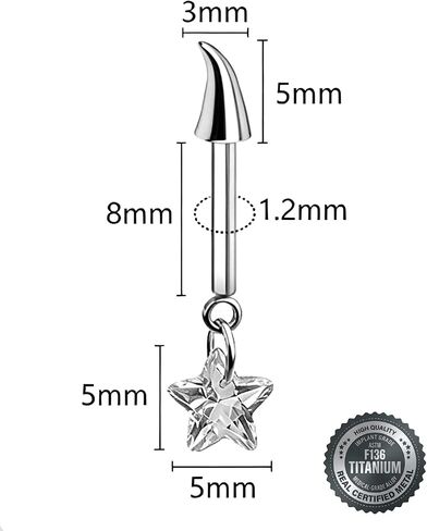 16G ASTM F136 Titanium Vertical Helix Piercing Jewelry Labret Stud with Curved Talon Horn Star CZ Internally Threaded Floating Cartilage Earring for Tragus Conch Lobe Lip Piercing in Saudi Arabia