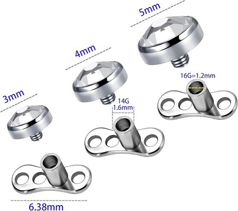 ASTM F136 Titanium Dermal Piercing Jewelry 14G Jeweled Cubic Zirconia Dermal Anchor Top Internally Threaded 3mm 4mm 5mm Titanium Base Piercing Jewelry For Women Men in Kuwait