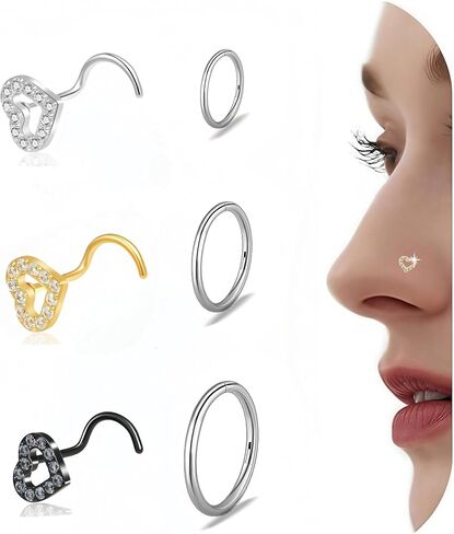 davka 20G L Shape Nose Studs 6PCS, 7mm Bar 3mm CZ Stainless Steel Nose Rings for Nostril Piercing, Small Snug Fit Nose Stud Jewelry for Daily Wear Work Sleep Women Men in Saudi Arabia