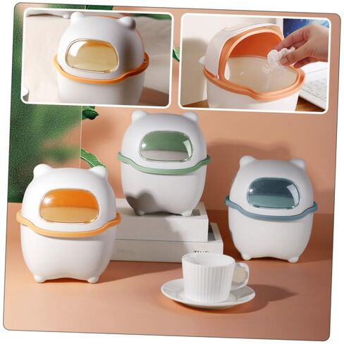 BESPORTBLE Mini Desktop Trash Bin with Lid, Cartoon Bear Design, White and Yellow Plastic Countertop Garbage Can for ’ Room and Office Use in Kuwait