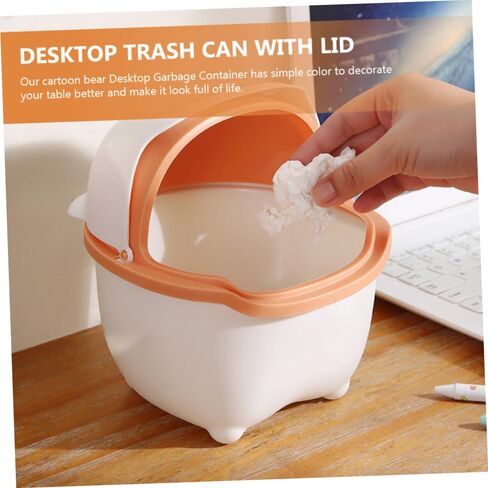 BESPORTBLE Mini Desktop Trash Bin with Lid, Cartoon Bear Design, White and Yellow Plastic Countertop Garbage Can for ’ Room and Office Use in Kuwait