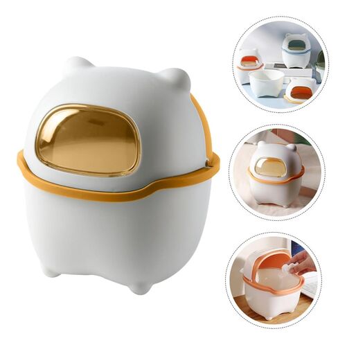 BESPORTBLE Mini Desktop Trash Bin with Lid, Cartoon Bear Design, White and Yellow Plastic Countertop Garbage Can for ’ Room and Office Use in Kuwait