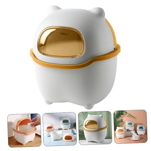 BESPORTBLE Mini Desktop Trash Bin with Lid, Cartoon Bear Design, White and Yellow Plastic Countertop Garbage Can for ’ Room and Office Use in Kuwait