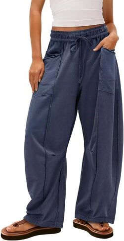 Women's Acid Wash Barrel Pants, High Waist Drawstring Wide Leg Casual Trousers with Pockets, Loose Fit Streetwear in Saudi Arabia