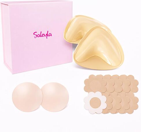 Saleyla Sticky Bra Kit – Double Sided Push Up Bra Pads (A-C Cup) with Silicone Nipple Covers & 10 Disposable Covers, Invisible Strapless Adhesive Bra for Backless Dresses & Bikini Wear in Saudi Arabia