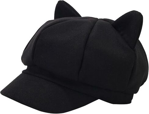 Party Hat Newsboys Beret Hat for Women Breathable Woolen Cabbie Hat Cool Girl Cat Ear Octagonal Subculture Headwear Black in Saudi Arabia
