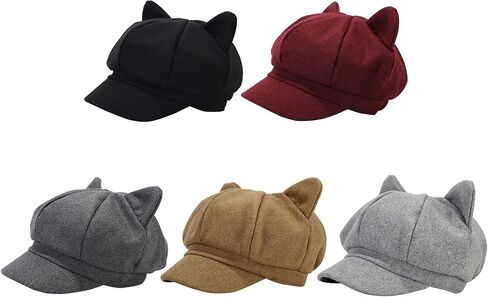 Party Hat Newsboys Beret Hat for Women Breathable Woolen Cabbie Hat Cool Girl Cat Ear Octagonal Subculture Headwear Black in Saudi Arabia