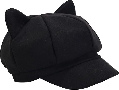 Party Hat Newsboys Beret Hat for Women Breathable Woolen Cabbie Hat Cool Girl Cat Ear Octagonal Subculture Headwear Black in Saudi Arabia