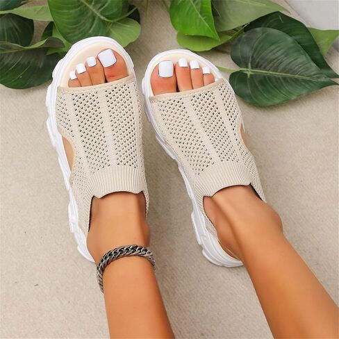 DOIX Women's Sports Thick Sole Mesh Sandals Summer Knit Wedge Fish Mouth Sandals Platform Casual Elastic Slip on Walking Shoes Lightweight Sneakers,Beige,US7/EU38 in Saudi Arabia
