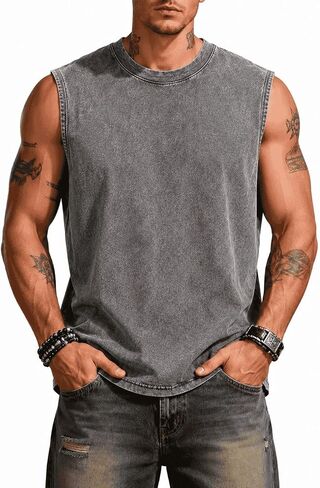Men's Sleeveless Tank Top Cotton Acid Washed Loose Fit Muscle Tee Casual Gym Workout Running Shirt for Summer in Kuwait