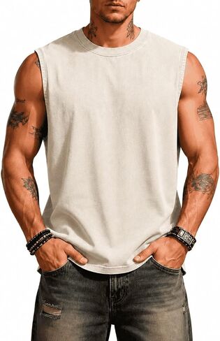 Men's Sleeveless Tank Top Cotton Acid Washed Loose Fit Muscle Tee Casual Gym Workout Running Shirt for Summer in Kuwait