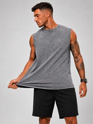 Men's Sleeveless Tank Top Cotton Acid Washed Loose Fit Muscle Tee Casual Gym Workout Running Shirt for Summer in Kuwait