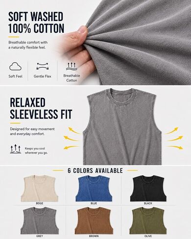 Men's Sleeveless Tank Top Cotton Acid Washed Loose Fit Muscle Tee Casual Gym Workout Running Shirt for Summer in Kuwait