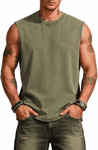 Men's Sleeveless Tank Top Cotton Acid Washed Loose Fit Muscle Tee Casual Gym Workout Running Shirt for Summer in Kuwait