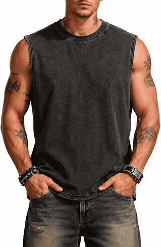 Men's Sleeveless Tank Top Cotton Acid Washed Loose Fit Muscle Tee Casual Gym Workout Running Shirt for Summer in Kuwait