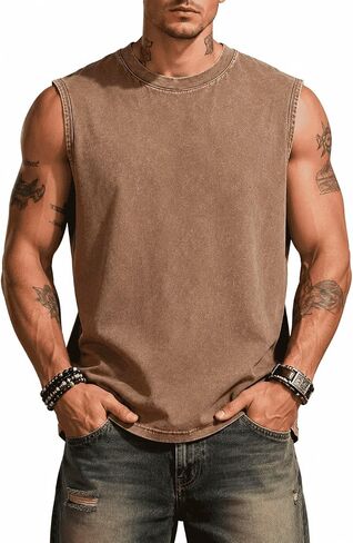 Men's Sleeveless Tank Top Cotton Acid Washed Loose Fit Muscle Tee Casual Gym Workout Running Shirt for Summer in Kuwait