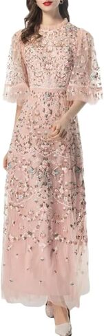 Pulcykp Women Crew Neck Banquet Bodycon Dress Light Embroidery Flying Sleeve High Waist Midi Dress in Saudi Arabia