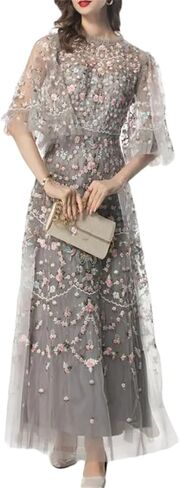 Pulcykp Women Crew Neck Banquet Bodycon Dress Light Embroidery Flying Sleeve High Waist Midi Dress in Saudi Arabia