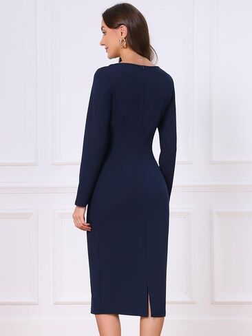 Allegra K Women's Long Sleeve Wrap Work Midi Dress | Elegant Boat Neck, Back Slit, Pencil Sheath Dress, Church, Office, Cocktail Outfits in Saudi Arabia
