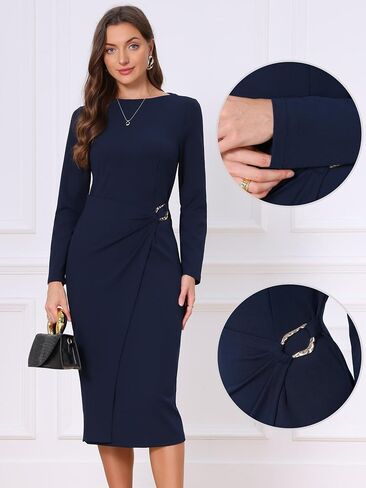 Allegra K Women's Long Sleeve Wrap Work Midi Dress | Elegant Boat Neck, Back Slit, Pencil Sheath Dress, Church, Office, Cocktail Outfits in Saudi Arabia