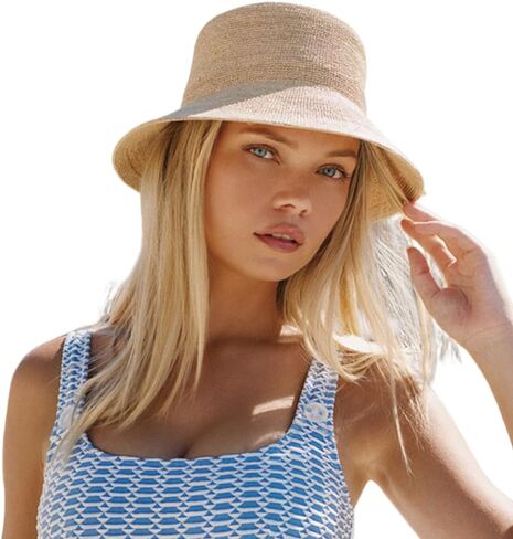 Raffia Straw Bucket Hat Women Beach Hat Handmade Natural Raffia Woven Flat Sun Hats Men Travel Cap in Saudi Arabia