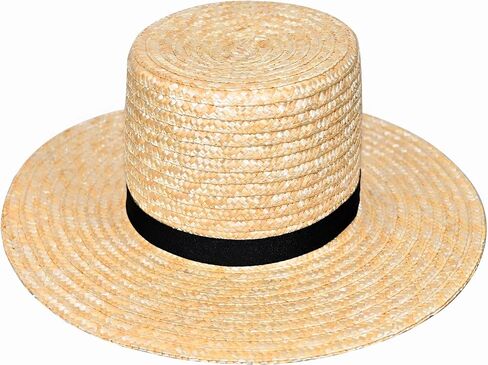 Amish Straw Boater Hat for Men Women Skimmer Hats 20's Vintage Style Flat Top Hat Wide Brim with Black Fabric Band Halloween Costume Accessory in Kuwait
