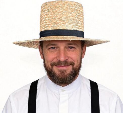 Amish Straw Boater Hat for Men Women Skimmer Hats 20's Vintage Style Flat Top Hat Wide Brim with Black Fabric Band Halloween Costume Accessory in Kuwait
