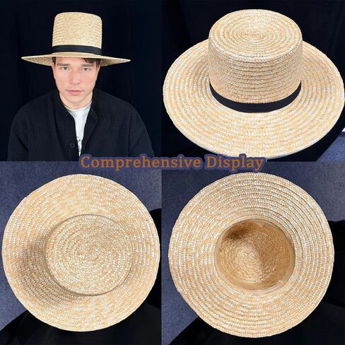 Amish Straw Boater Hat for Men Women Skimmer Hats 20's Vintage Style Flat Top Hat Wide Brim with Black Fabric Band Halloween Costume Accessory in Kuwait