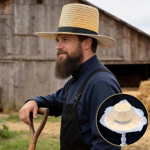 Amish Straw Boater Hat for Men Women Skimmer Hats 20's Vintage Style Flat Top Hat Wide Brim with Black Fabric Band Halloween Costume Accessory in Kuwait
