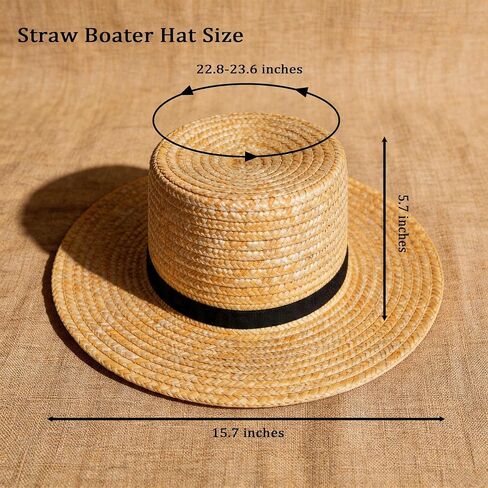Amish Straw Boater Hat for Men Women Skimmer Hats 20's Vintage Style Flat Top Hat Wide Brim with Black Fabric Band Halloween Costume Accessory in Kuwait