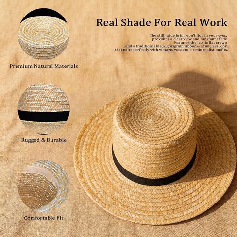 Amish Straw Boater Hat for Men Women Skimmer Hats 20's Vintage Style Flat Top Hat Wide Brim with Black Fabric Band Halloween Costume Accessory in Kuwait