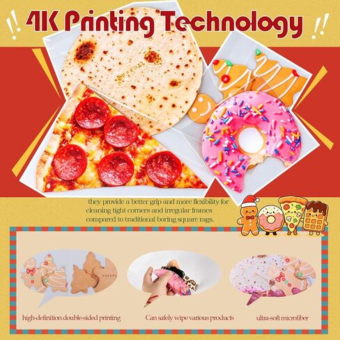 Glasses Cleaning Cloth Funny Food Shaped,4Pcs Realistic Tortilla & Pizza Donut Gingerbread Lens Wipes Microfiber Eyeglass Cleaner-Double Sided Eyeglass Cleaner for Lens Screen Tablet Gag Gift (Food) in Kuwait