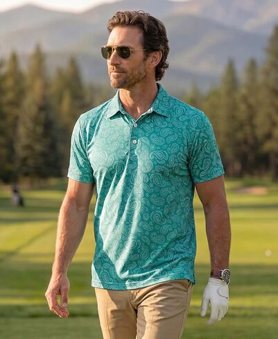 KYKU Mens Print Polo Shirt: Short Sleeve Moisture Wicking Performance Collared Golf Shirts for Men 4-Way Stretch Side Slits in Kuwait