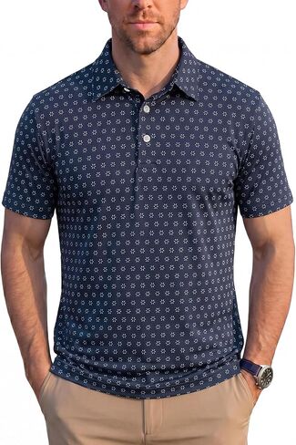 KYKU Mens Print Polo Shirt: Short Sleeve Moisture Wicking Performance Collared Golf Shirts for Men 4-Way Stretch Side Slits in Kuwait