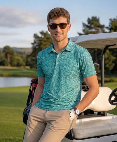 KYKU Mens Print Polo Shirt: Short Sleeve Moisture Wicking Performance Collared Golf Shirts for Men 4-Way Stretch Side Slits in Kuwait