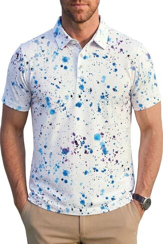 KYKU Mens Print Polo Shirt: Short Sleeve Moisture Wicking Performance Collared Golf Shirts for Men 4-Way Stretch Side Slits in Kuwait