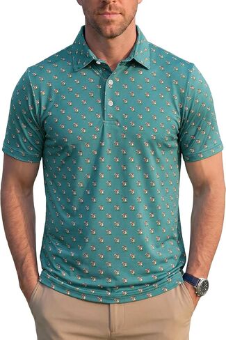 KYKU Mens Print Polo Shirt: Short Sleeve Moisture Wicking Performance Collared Golf Shirts for Men 4-Way Stretch Side Slits in Kuwait