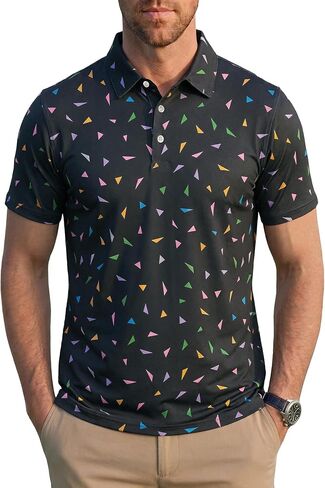 KYKU Mens Print Polo Shirt: Short Sleeve Moisture Wicking Performance Collared Golf Shirts for Men 4-Way Stretch Side Slits in Kuwait