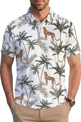KYKU Mens Print Polo Shirt: Short Sleeve Moisture Wicking Performance Collared Golf Shirts for Men 4-Way Stretch Side Slits in Kuwait