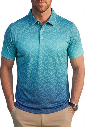 KYKU Mens Print Polo Shirt: Short Sleeve Moisture Wicking Performance Collared Golf Shirts for Men 4-Way Stretch Side Slits in Kuwait