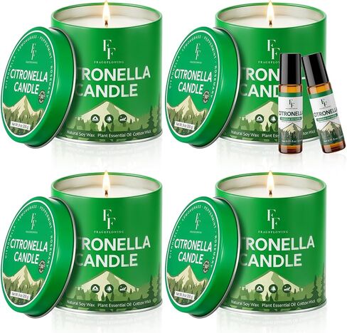 Citronella Candles Outdoor, Indoor Lemongrass Scented Candles with Citronella Essential Oil Roll On, Natural Soy Wax Jar Candle for Outside Camping Patio, 200-Hour Burn Time, 9 oz (4 Pack) in Saudi Arabia