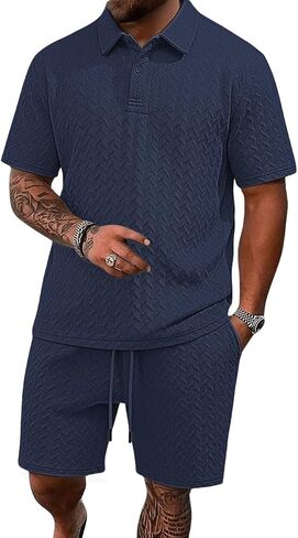 Men's 2 Pieces Outfits Casual Polo Shirt and Shorts Set Collar Athletic Jogging Summer Tracksuit in Saudi Arabia