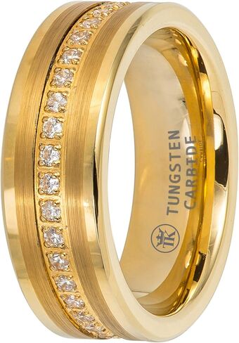 Tungsten King High Polished Yellow Gold Ion-plated Pipe-cut Brushed Center with Prong-set Round CZs Eternity Band Comfort Fit Tungsten Carbide 8mm Mens Wedding - Anniversary Band in Saudi Arabia